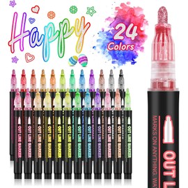 Marcadores Plumones Mágico, 24 Colores Marcadores Metálicos de Doble Línea, Plumones Mágico para Contornos, Con para Tarjetas de Felicitación de Cumpleaños, Garabatos, DIY y Hacer Carteles etc
