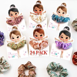 Valentines Day Gifts for Kids - 24 Pack Ballerina Cards With Hair Scrunchies - Gift Exchange for School Classroom Boys Girls Toddlers and Kids Party Favor Sets