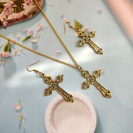 Dishowme 3Pcs Gothic Cross Necklace Earrings Sets Vintage Punk Vampire Crucifix Necklace Jewelry Sets for Women Religious Christian Pray (Gold)