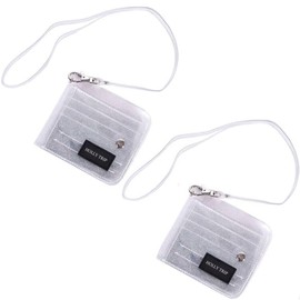 HOLLY TRIP Pack of 2 Clear Bifold Wallet Small Purse, Cute PVC Jelly Wallet ID Card Case Holder with Neck Lanyard for Women Girls, Silver