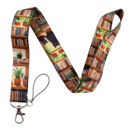 Pinstant Bookshelves Bookshelf Book Books Library Shelves Black Cat Cats Kitten Plant Plants Cozy Reading Read 17.7" Neck Lanyard Keychain Holder ID Badge Mobile Phone Pin Strap