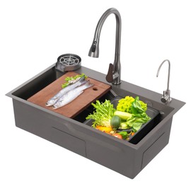 WUSILILU 304 Stainless Steel Kitchen Sink, Sink with Faucet and Drainer, Cutting Board, Multifunction Sink Set, Waterfall Kitchen Sink Workstation for Home, Kitchen, Restaurant, Cafe, Bar (Grey)