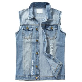 YOUTHUP Mens Ripped Denim Gilet Casual Vintage Biker Waistcoat Cowboy Sleeveless Vest Jacket, #813 Light Blue, 3XL