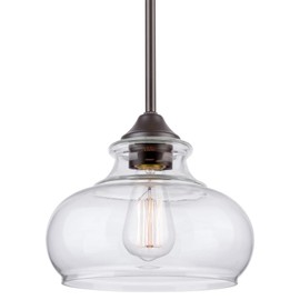 Kira Home Harlow 9" Modern Industrial Farmhouse Pendant Light with Clear Glass Shade, Adjustable Hanging Height, Oil Rubbed Bronze Finish