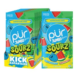 PUR Jumbo SOURZ Gum | Aspartame Free Chewing Gum | 100% Xylitol | Natural Flavor | Sour Blue Raspberry, Sour Watermelon, 20 Pieces (Pack of 10)