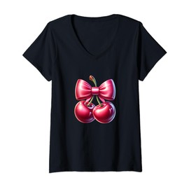 Womens Coquette Bows with cherries Cute Coquette girl V-Neck T-Shirt