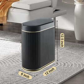 ELPHECO Bathroom Trash Can 2 Gallon Plastic Smart Garbage Can Waterproof Wastebasket Bathroom Decor Narrow Garbage Bin with Automatic lid for Bedroom, Kitchen, Office, Black Gold
