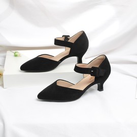 RIBONGZ Black Comfortable Kitten Heels Suede Prom Low Heels for Women Closed Pointed Toe Slip on Ankle Strap Buckle Pumps Church Wedding Bridal Party Dressy Shoes 8