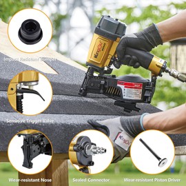 Kingou NVH45 Roofing Nailer Gun For Roofing Constructions Accepts 7/8-Inch to 1-3/4-Inch Nails 15 Degree With 3/8 NPT Air Connector 120-pcs Load Capacity Roofing Nailer