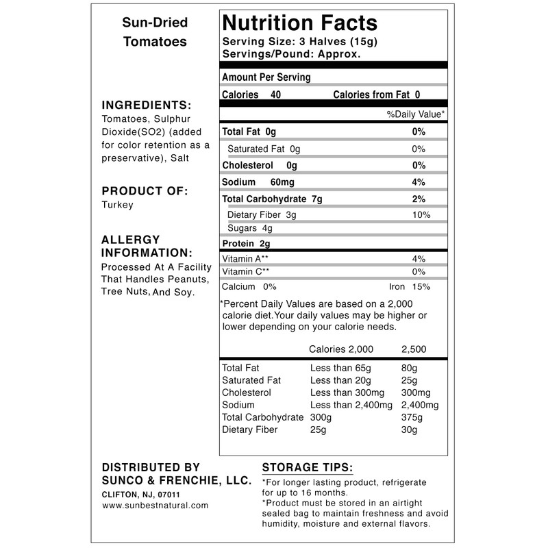 Sunbest Natural Sun-Dried Tomatoes, Halved, Non-GMO, Vegan, Kosher, 5 Lbs.