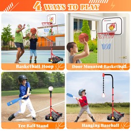 4 in 1 Kids Basketball Hoop and T Ball Set for Toddlers 3-5, Adjustable Height Toddler Basketball Hoop with Baseball, Indoor Outdoor Sport Gifts Christmas Toys for Boys Girls 3-8