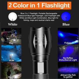 HYVCZP Rechargeable 2 in 1 Blue Flashlight, LED Flashlight with White & Blue Light, Adjustable Focus, Waterproof, Up to 500 Lumens, 10 Hour Runtime
