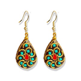 MUNIGSMUR Gold Plated Tibetan Dangle Earrings for Women, Handmade Vintage Traditional Natural Colored Crystal Stone Drop Earrings