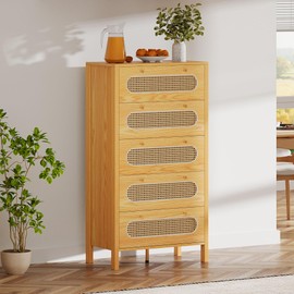 YITAHOME 47" Tall Buffet Sideboard Cabinet 5 Drawer Dresser, Boho Chest of Drawers with Golden Handles, Wood Storage Cabinet for Hallway, Entryway, Hold up to 300lbs - Oak