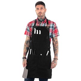 Under NY Sky Knife-Roll Ebony Black Apron â Heavy-Duty Canvas, Leather Reinforcement â Adjustable for Men and Women â Pro Chef, Barbecue, Butcher, Bartender, Woodworker, Tool Aprons