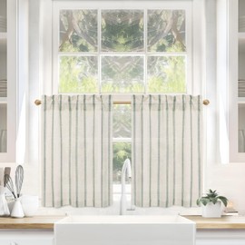 DriftAway Kitchen Tier Curtains - Striped Linen Short Pinstripe Cafe Curtains 36 Inch Length for Living Room Bathroom Chris Farmhouse Rustic Rod Pocket 2 Panels Loden Green