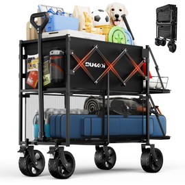 DUHKOI Double Decker Wagon 320L Large Capacity 400LBS Collapsible Sports Utility Cart with Big Wheels,Double Extended Tailgate Heavy Duty Folding Wagon Cart for Groceries,Camping,Beach,Garden,Outdoor