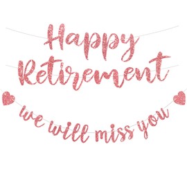 Pre-strung Happy Retirement & We will miss you Banner, Pre-strung on 8 ft Strand Rose Gold Glitter Retirement Party Decorations, Going Away Party Farewell Party Sign and Gifts for Women,Coworker