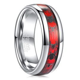 NUNCAD Silver Red Men Wedding Ring Tungsten Carbide Promise Ring with Spider Pattern and Opal Paper Inlay Comfort Fit Size V 1/2