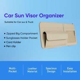 WiiLemz Car Visor Organizer, Multi-Pocket Sun Visor Storage with Sunglass Holder, Document Holder and Visor Card Clip, Fit for Car SUV & Truck, Leather Car Accessories Interior (Cream)