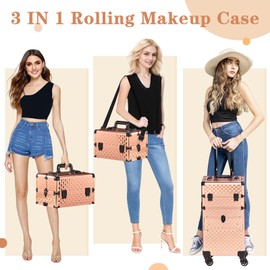 Rolling Makeup Train Case with Drawers – 2-in-1 Aluminum Cosmetic Organizer with Swivel Wheels, Diamond Pattern, 34x24x72.5cm (Champagne Gold)