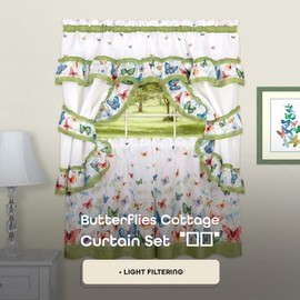 ACHIM Printed Cottage Window Curtain Set - 57 Inch Width, 36 Inch Length - Green Butterflies - Polyester Soft Window Treatment Include Valance, Attached Swaggers, Tiebacks & Two Tiers Home Decor
