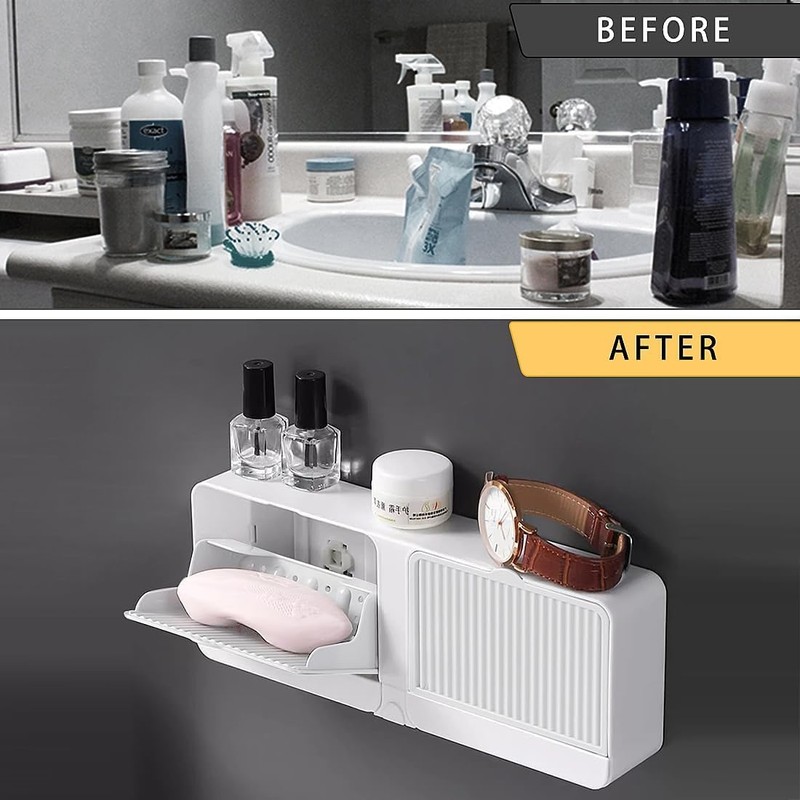 2-in-1 Wall Mounted Soap Dish,Soap Holder with Hooks, No Drilling