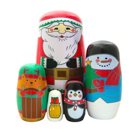 Set of 5 Christmas Wooden Nesting Dolls,Cute Santa Claus Snow Man Elk Penguin Gift Box Wooden Russian Doll Father Christmas Stacking Matryoshka Doll Crafts for Kid Gift Christmas Birthday Party Decor