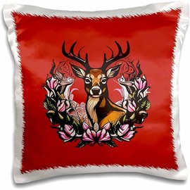 3dRose 16x16 inch Pillow Case - Arkansas Deer with Antlers and Apple Blossom Tattoo Art Vector Art - Arkansas State Mammal Flower