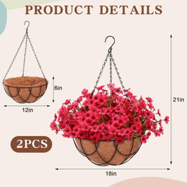 Beeveer Artificial Spring Hanging Flowers in Basket for Home Decoration Faux Orchid Arrangement Porch Plants Coconut Lining Basket for Autumn Courtyard Decor(Rose Red, 2 Pack)