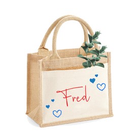 AMBERGER DESIGN by A&M Osterhage amd Jute-Tasche klein Henkel - Name Wunschtext & Herzen Personalisiert Geschenktasche Mama Kind Freunde | Außentasche & Innentasche Größe: 26x22x14cm