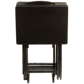 PJ Wood Folding TV Tray Table & Snack Table with Storage Rack, Black - 5 Piece Set