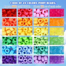 GREENTIME 700 Pcs Pony Beads for Bracelet Making Kit, 600 Pcs/24 Colors Plastic Rainbow Hair Bead and 100 pcs Letter Beads Charms for DIY Craft Jewelry Making Y2k Customizable Named Beads
