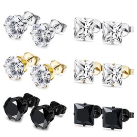 Thunaraz 6 Pairs Stainless Steel Stud Earrings for Men Women CZ Earrings,8MM
