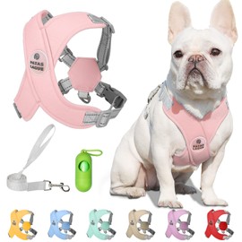 Patas Lague Dog Harness with Leash Set Adjustable Soft Padded Step-in Dog Vest No Choke No Pull Reflective for Medium Dogs with Poop Bags and Dispenser, Solid and No-chew, Pink L