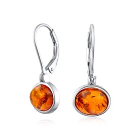 Amber Bezel Set Flat Circle Leverback Dangle Earrings For Women .925 Sterling Silver 7mm