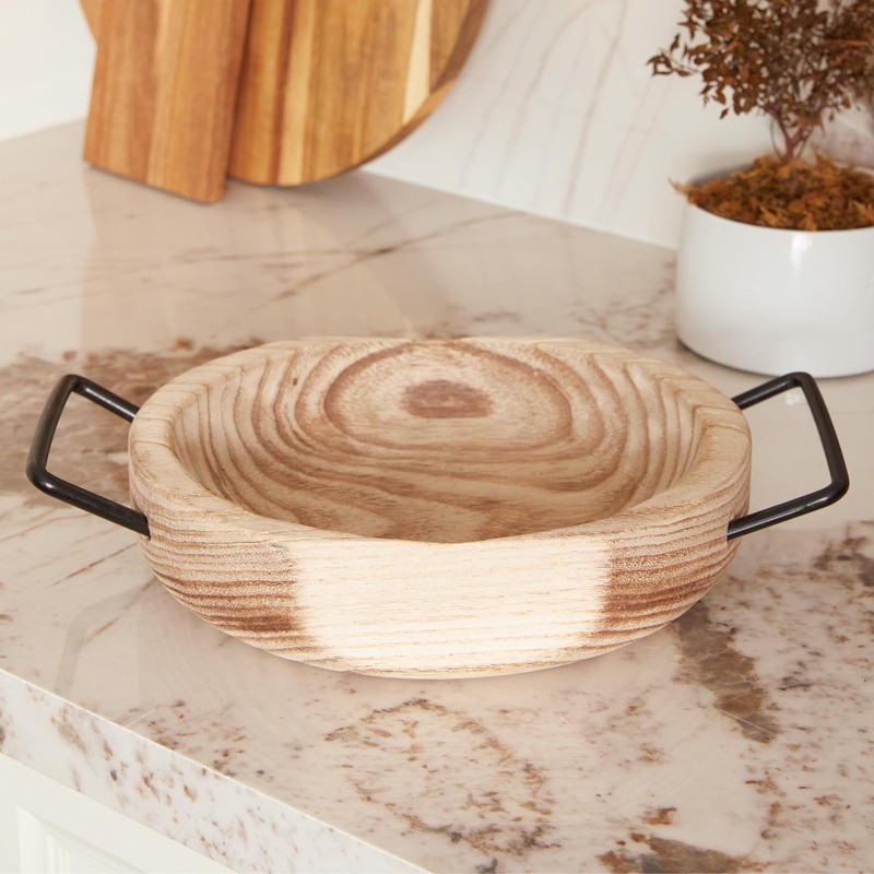 DN DECONATION Round Wooden Dough Bowl with Metal Handles for