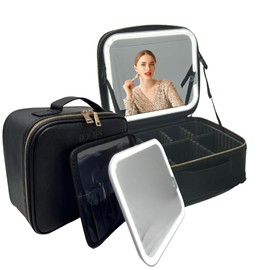 Travel Makeup bag with removable lighted mirror, Professional vanity light up station, Portable cosmetic case with adjustable compartments organizer, waterproof traveling accessories, black train case