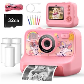 Instant Print Camera for Kids Age 3-12 Girls Boys 1080P Selfie HD Digital Video Cameras with 6 Print Paper & 32G Card Toddler Portable Travel Toys Camera for Christmas Birthday Gifts