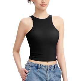 PUMIEY Black Tank Top for Women Sleeveless Womens Tops High Neck Racer Back Crop Tops, Jet Black Medium