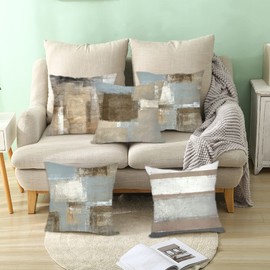 Daesar Bed Throw Pillow Covers, Pillowcase Living Room 4 Pack Brown Grey White 18x18 Zipper Pillow Case 45x45CM Striped Lattice, Polyester