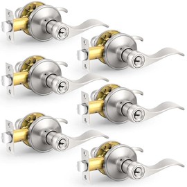 Probrico Keyed Alike Brushed Nickel Door Handle, Wave Style Entry Door Handles, Door Levers Lockset for Interior and Exterior Doors (6 Pack, Modern)