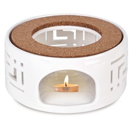 Vegena Tea Warmer for Teapot, Tea Cosy Made of Ceramic with Cork Cover, Teapot Warmer, Teapot Base, White, Hollow Carved Design, Tea Warmer Tea Light Oven for Heat Preservation of Tea and Coffee