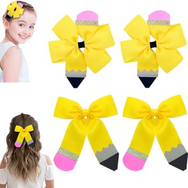 4PCS Cute Back to School Hair Clips Yellow Pencil Hair Bows Hairpins Hair Accessories for First Day of School Students Toddlers Kids Teacher Gifts