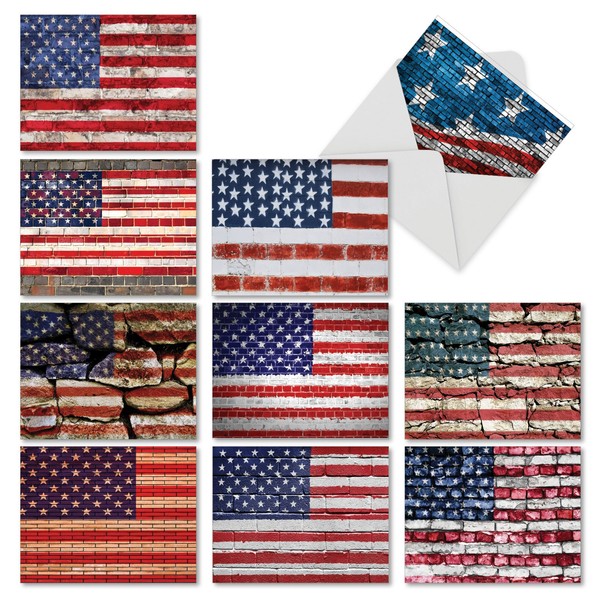 The Best Card Company - 10 Assorted 4th of July Cards (4 x 5.12 Inch) - Patriotic Red, White, & Blue USA Flag Notecard Set - Flag Day AM2013FJG-B1x10