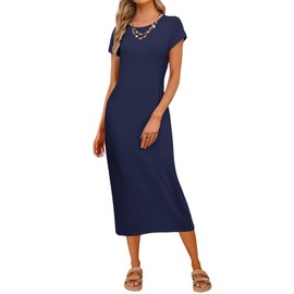 MEROKEETY Women's 2025 Summer Short Sleeve Tshirt Dress Casual Crew Neck Beach Long Maxi Dresses, Navy, M