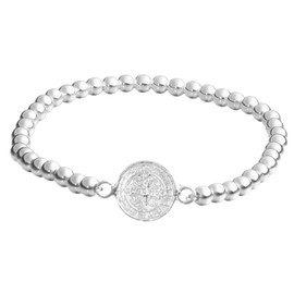 TClaudia, Pulsera San Benito Plata 925 con medalla y esferas. Brazalete, Pulseras de plata para mujer 925, Accesorios, Joyería y Regalos para Mujer. Ideal en Cumpleaños, Aniversarios, Navidad.