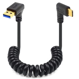 GLHONG Coiled USB Type C Cable, Spring 90Degree 5Gbps Retractable USB 3.0 Right Angle to Type C Cable, Gold USB C to USB 3.0 A Male Charging and Data Transfer Cord for Phone, Tablet (Down)