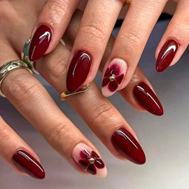 Flower Press on Nails Medium Almond Shape Full Cover Red Fake Nails with Glue Glossy Acrylic Nails Spring Floral False Nails for Women DIY Manicure Decoration 24pcs