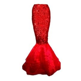 DELIMALI Women's Mermaid Ladies Ruffle Sequin Fairytale Book Fancy Long Tail Dress Womens Adults Costume Outfit (B-Red, M)